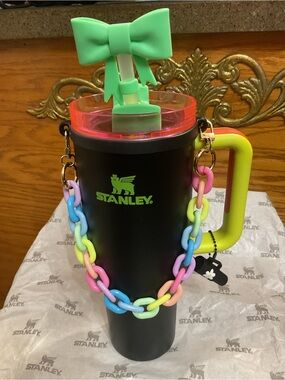 Stanley Black colorway Tumbler with Neon Green Handle and Pastel Rainbow Chain